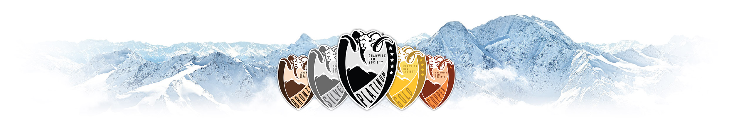 Snowy mountain peaks with Chadwick Ram Society logos
